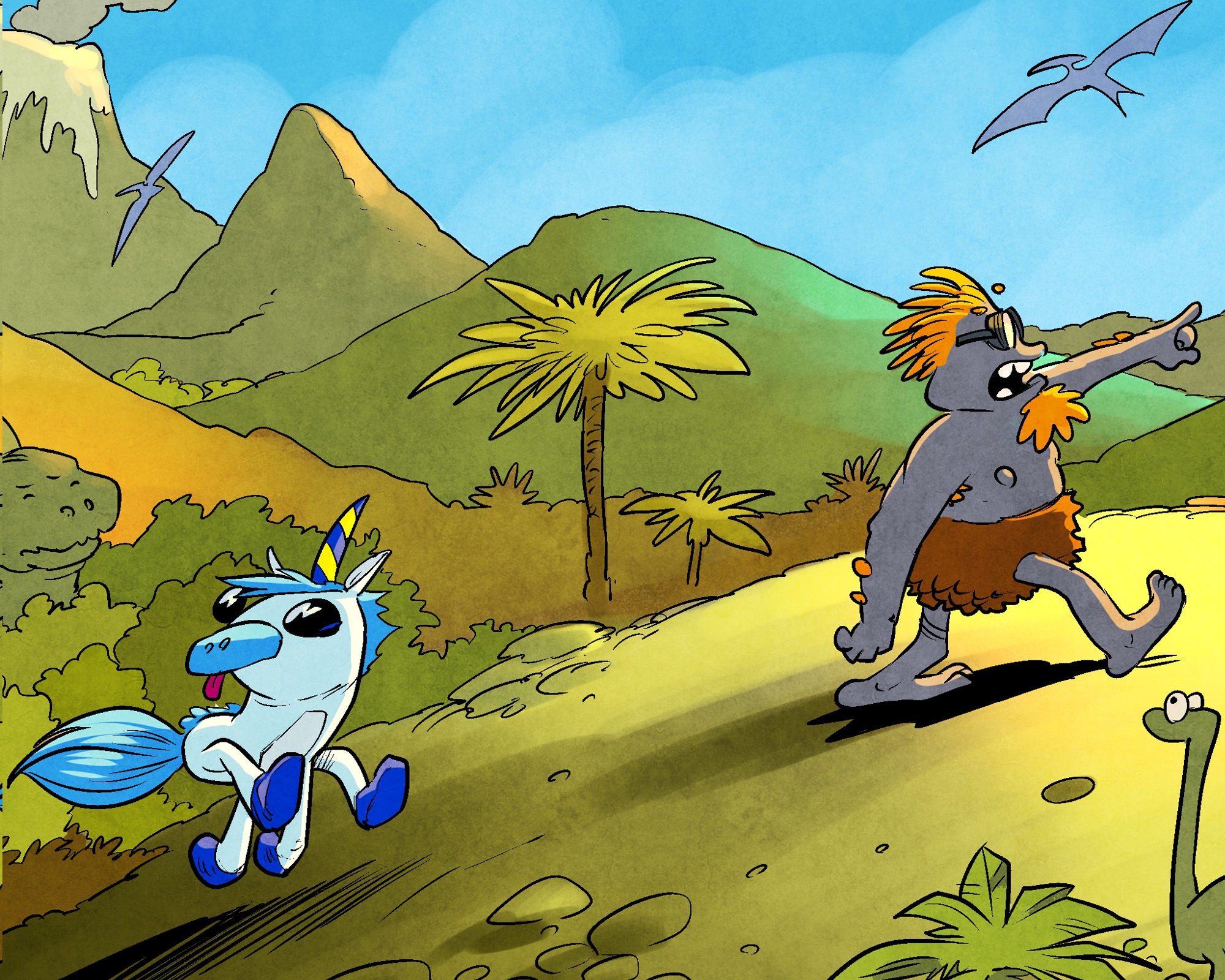 Troll and Unicorn journey through a forest toward the mysterious mountain