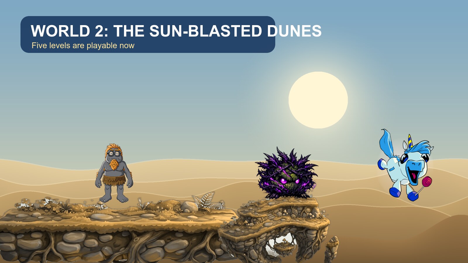 Troll and Sparkles face a corrupted creature in the Candy Dash Sun-Blasted Dunes